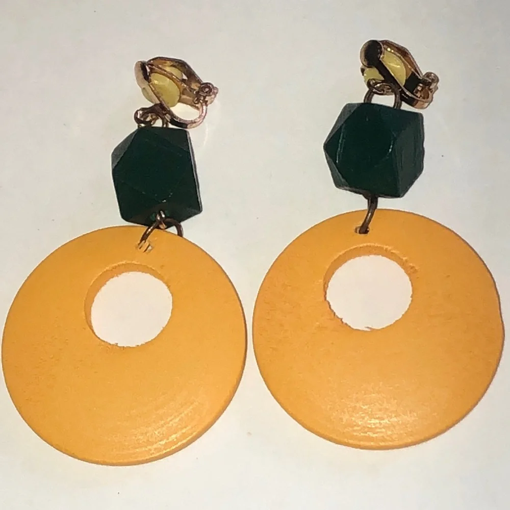 Orange and Green Wooden Geometric Earrings